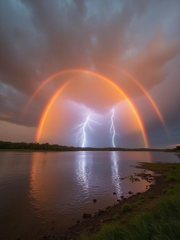 Dramatic natural scene with double rainbow and lightning over water. Vibrant colors in the rainbow with red orange yellow green blue indigo violet. Secondary rainbow positioned above primary in reverse order. Bright white lightning bolts cutting through stormy clouds. Clouds in shades of dark gray and orange illuminated by sun. Water reflecting rainbows and lightning. Green grass and rocks lining the shoreline.