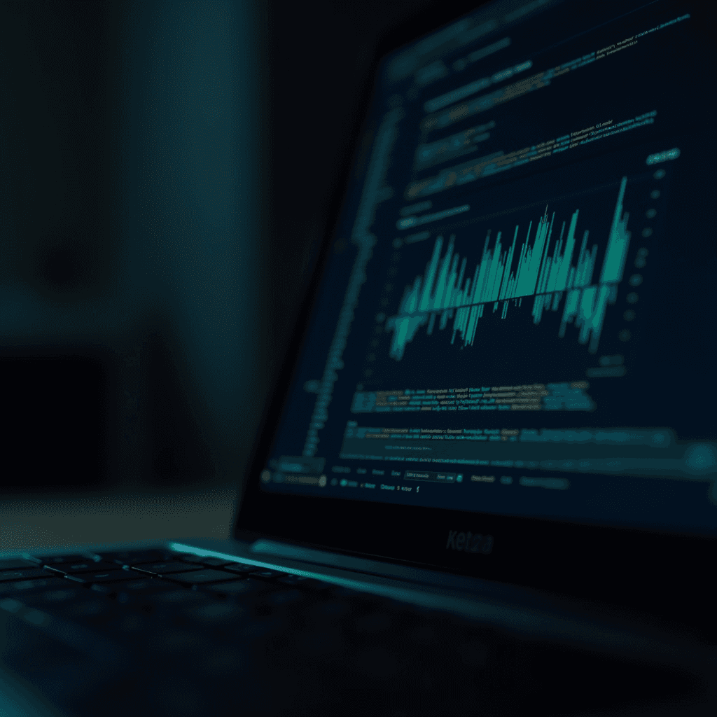 A dimly-lit image showing a laptop screen displaying code and a bar graph.