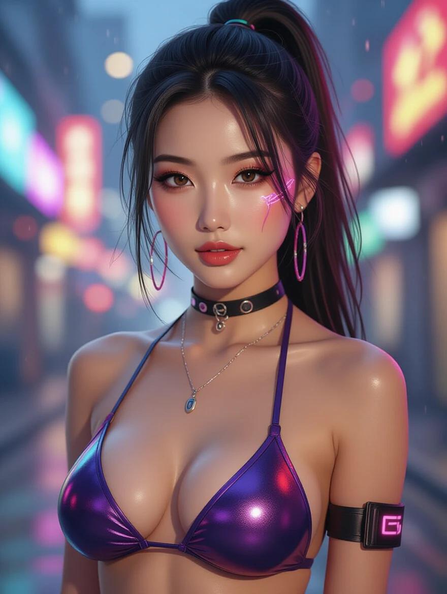 Bright neon colors cover a cyberpunk scene. A woman poses confidently wearing a shiny purple bikini. She has vibrant make-up that complements the atmosphere. The background shows a futuristic city with neon signs.