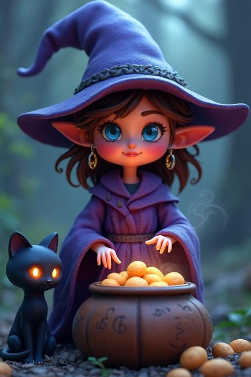 Spooky yet charming witch in 3D cartoon style with wavy brown hair and icy blue glowing eyes. She has stretched earlobes and magical rings. Wearing tattered purple robes with glowing runes standing behind a bubbling cauldron of cursed potatoes. Hands vanish into black swirling smoke. Black cat with glowing eyes nearby.