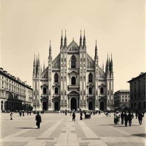 Aquatint printing of Piazza del Duomo in Milan from the 19th century. Detailed view of the cathedral. Crowds of people in the square. Soft colors and vintage style.