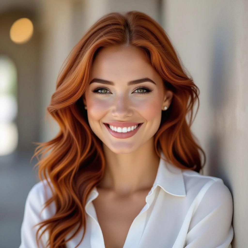 Stunning smiling woman with red hair. Woman has a friendly expression. Background has soft colors. She wears a white shirt.