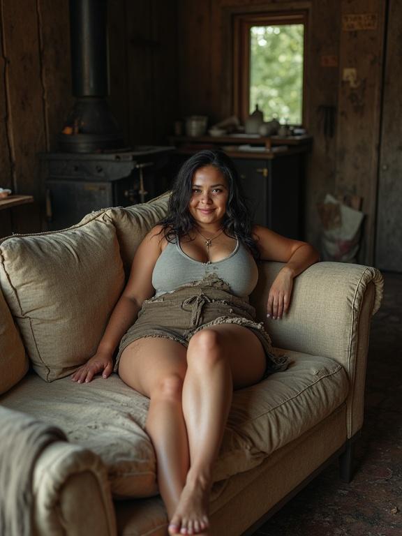 A young woman reclines on an old sofa in a rustic cabin. She has dark hair and dark brown eyes. She wears a tank top and a miniskirt. Natural light shines through the window.