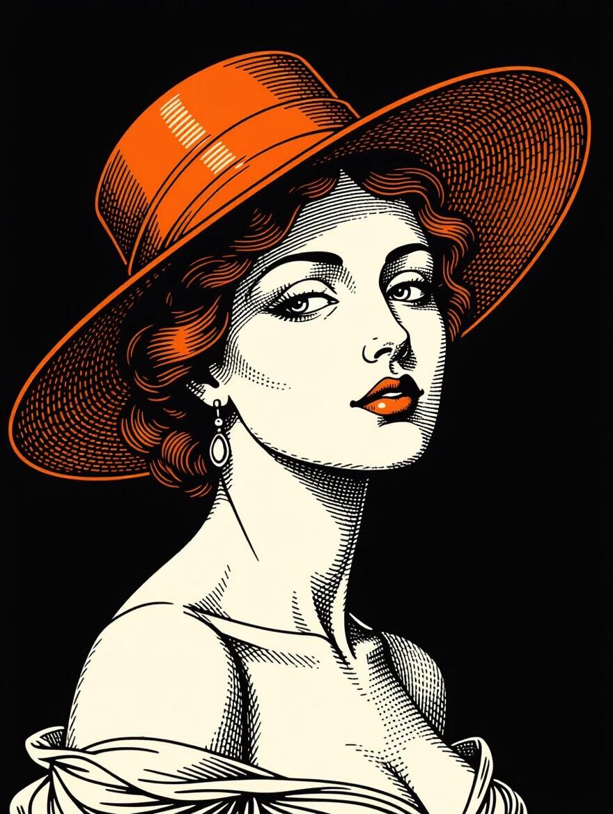 Monochrome ink illustration of a Renaissance nude queen. Elegant hat with flared brim. Soft gaze with a sly expression. Quarter-turn portrait, looking sideways. Deep shadows and bold ink lines create texture. Black background provides isolation.