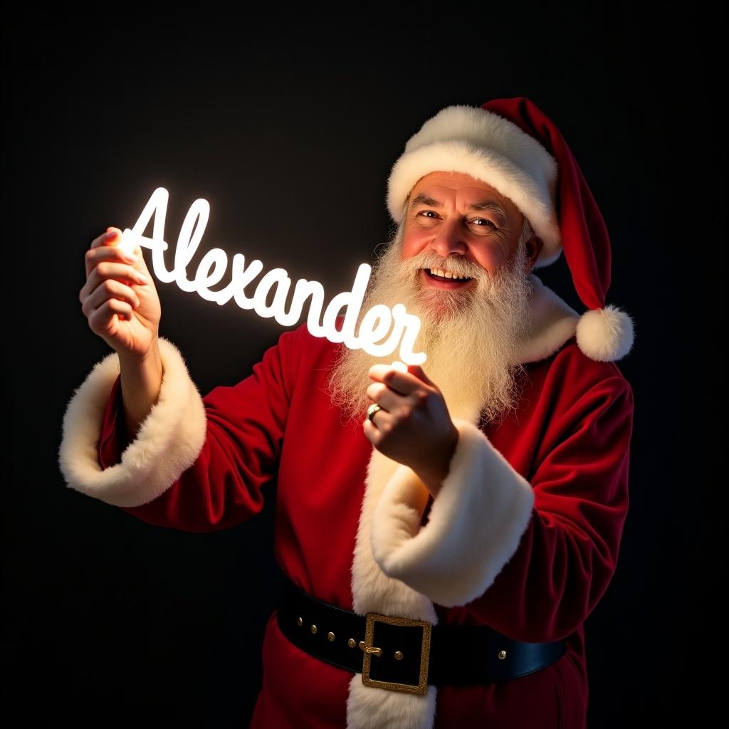 Santa Claus in a red suit joyfully holds a glow stick spelling 'Alexander' in bright light. Background is dark, making the glowing text stand out. Santa's expression shows warmth and holiday cheer.