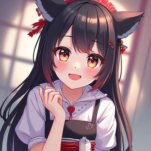 An anime-style character featuring a girl with cat ears and a playful expression. She wears traditional Japanese clothing with modern elements. The background is softly lit, creating an inviting atmosphere.
