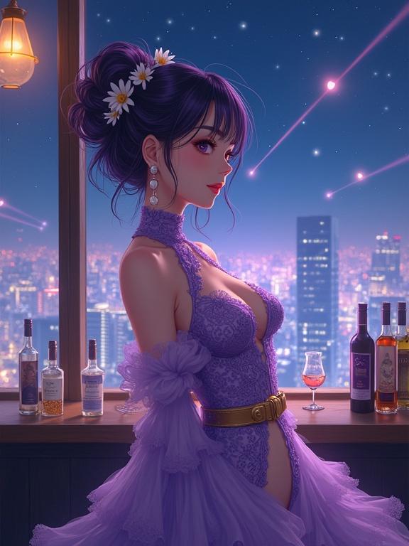 Intricate Japan-anime illustration featuring beautiful woman with dark violet hair styled up with white flowers and pearl earrings. Woman wears high-neck purple gown with lace and keyhole neckline, complemented by golden belt. Setting includes retro lounge with cityscape and shooting stars. Soft cool lighting enhances elegance and atmosphere. 35mm lens captures details of gown and city lights.