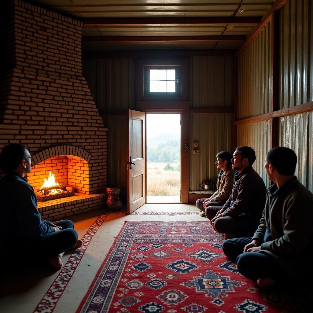 A cozy fireplace made with bricks. One window above the door. A small room made of metal sheets. Decorative rugs on the floor. People seated in a Majlis. A view of the outside from the window.