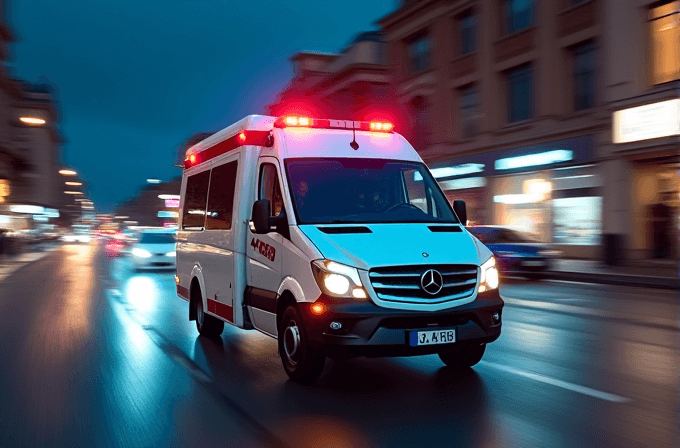 A Mercedes-Benz ambulance with red flashing lights speeds through a city street at dusk.