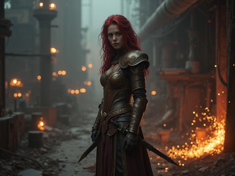 A woman stands on a catwalk in a ruined refinery. She has black-red hair and wears intricate leather armor. Sparks flicker around her. She holds daggers at her belt.