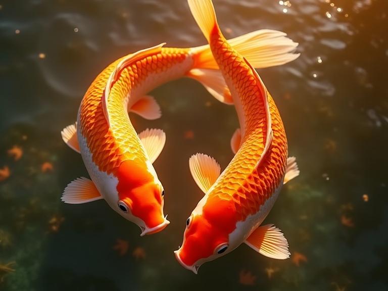 Close-up photography of two koi fish swimming in colorful water. Warm sunlight creates reflections. Fish show shimmering scales. Candid angle gives a natural feel. Evokes tranquility and intimacy.