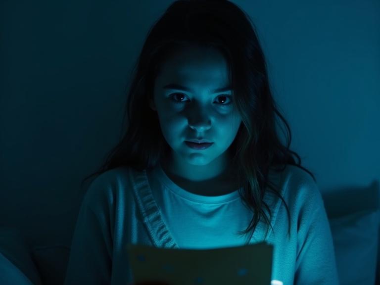 A 17-year-old girl in a dimly lit room with cold blue LED light. She holds a worn letter with strange markings, her face shows disbelief. The atmosphere is eerie. She opens the envelope and reads a warning about school. She walks outside distracted by her phone, nearly hit by a car. Back in her room, she compares the letter to her journals, realizing it's her handwriting. A dark silhouette appears in the background while she films herself. Flashing visions of a ruined future and a solar eclipse lead to an emotional choice between saving the world or her brother. She hovers over a glowing red button.