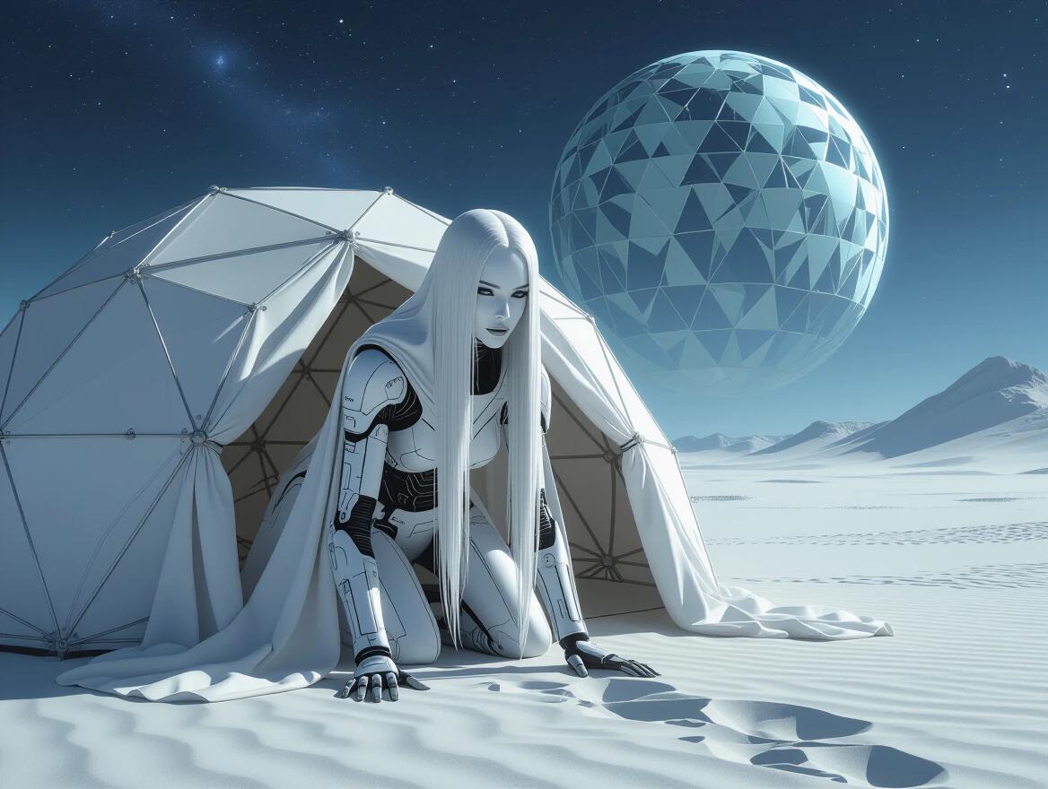 A lanky woman with platinum white skin and long silver black hair emerges from a large dome tent in a grey alien desert. She wears white robes with black circuits. The surrounding landscape has a lattice of leaves in the sky overshadowing the stars.