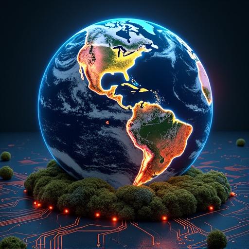 Stylized image of a hollowed-out Earth with glowing fiber optic strands. Colorful map of the world is visible inside. Earth is surrounded by moss ring and dark textured digital display. Glowing circuit board patterns are present. Vibrant colors create striking visual effect.