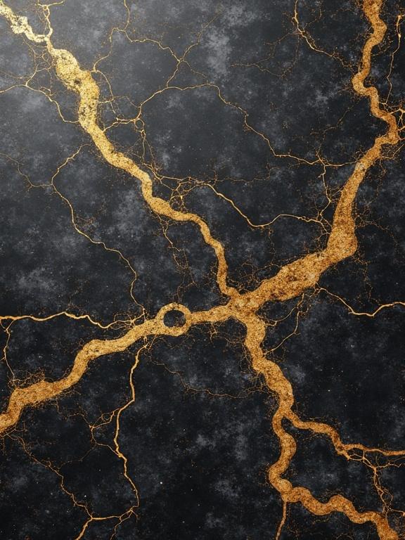Marble texture with prominent gold veins on a black surface. The design has an elegant and luxurious appearance. Striking natural patterns are visible in the marble.