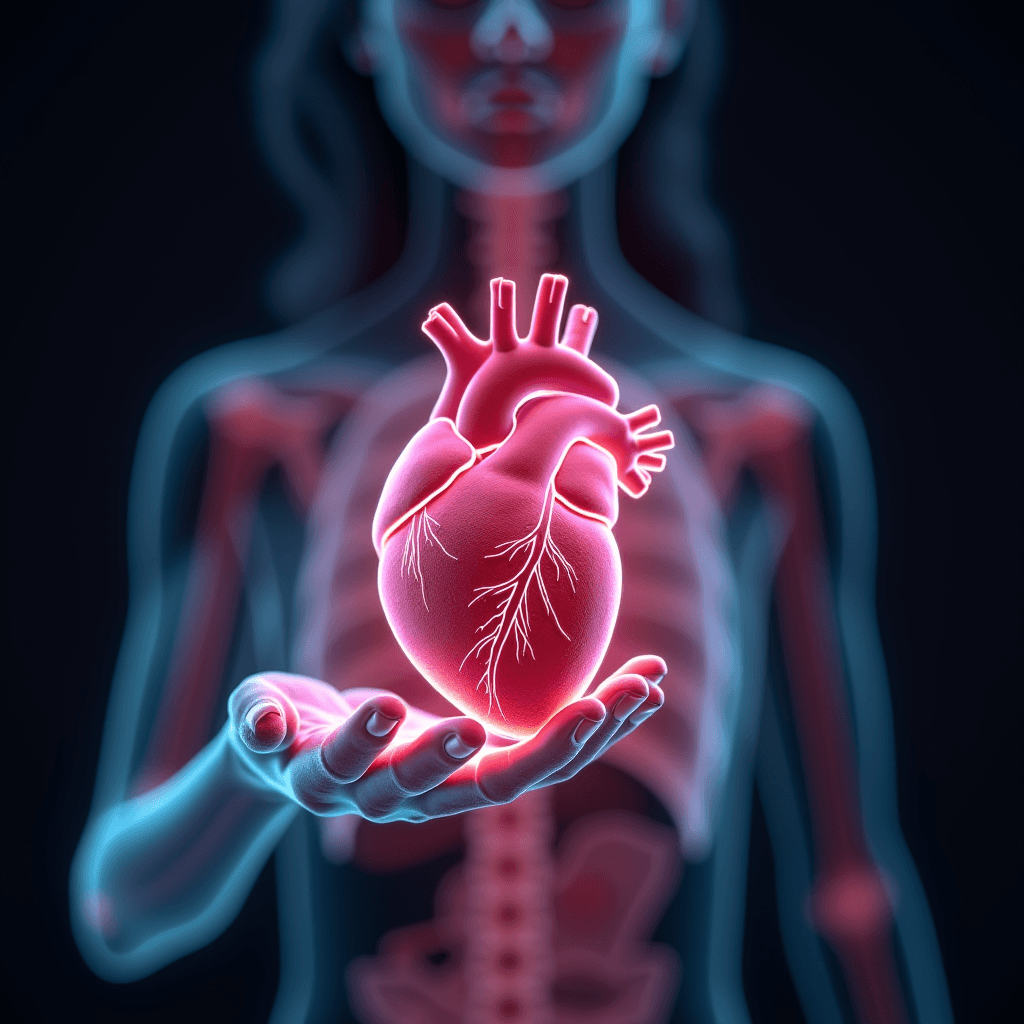 A neon-styled anatomical image of a heart held in an outstretched hand, set against a translucent human torso.