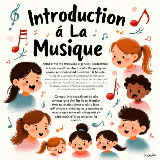 Affiche sur l'éducation musicale pour les élèves. Titre "Introduction à la Musique". Illustrations d'enfants avec des émotions. Images d'instruments de musique variés. Éléments graphiques de notes de musique. Thèmes de découverte des genres musicaux. Équilibre et couleurs vives. Activités d'écoute et de discussion.