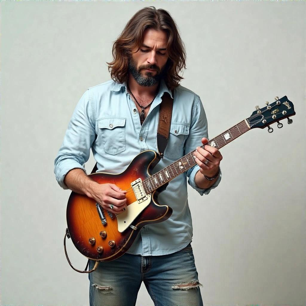 A man with long hair and a beard plays an electric guitar. He wears a light blue shirt and ripped jeans.