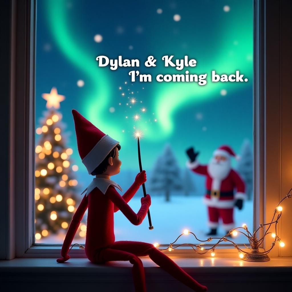 The image depicts an Elf on the Shelf sitting on a windowsill, facing the night sky. Using its wand, it writes 'Dylan & Kyle I'm coming back' among vibrant northern lights. In the background, a cheerful Santa Claus waves from a magical Christmas landscape. The window reveals a beautifully decorated Christmas tree, adding warmth to the scene. The overall mood is enchanting, capturing the magic and excitement of the holiday season, making it perfect for festive occasions.