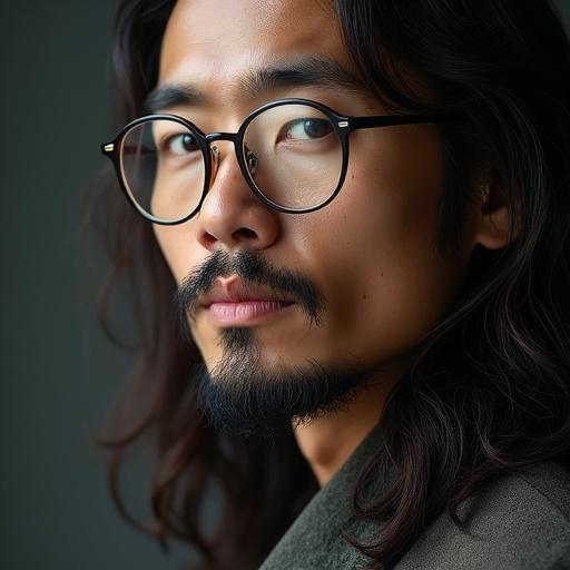 Close-up portrait of a handsome Chinese man with long hair and a beard. He wears modern prescription glasses and exudes serenity. The style is artistic and thoughtful.