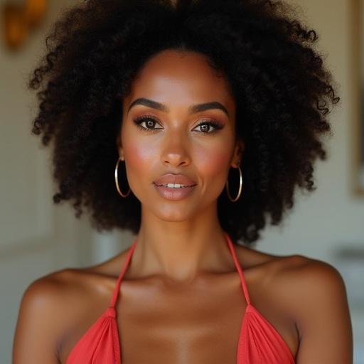 Close-up portrait of a woman with curly hair wearing red swimwear. Facial features highlighted with natural makeup. The background softly blurred to focus on the model.
