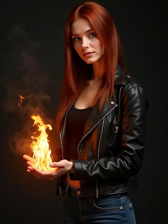 Realistic young woman with tan skin and straight dark red long hair. Wearing a black leather jacket and blue jeans. Flames forming in her hands with smoke and burning embers. Dark background creating a dramatic effect.
