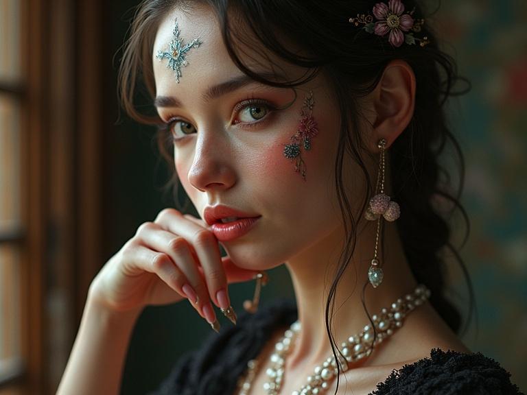 Portrait of a woman with intricate makeup and floral accessories. She poses gently with her hand on her face. Natural light enhances her features. Soft colors create a dreamy atmosphere.