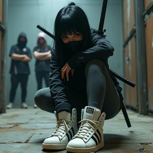 High-definition anime-inspired image of a young woman in a ninja outfit with worn Adidas high-tops. She is crouching on a dilapidated concrete floor. Harsh industrial lighting surrounds her. Red eyes and black hair partially cover her face. A katana is sheathed at her back, and there are three ninjas in the background crossing their arms, also in Adidas. The scene has a gritty cyberpunk Tokyo aesthetic with muted colors.