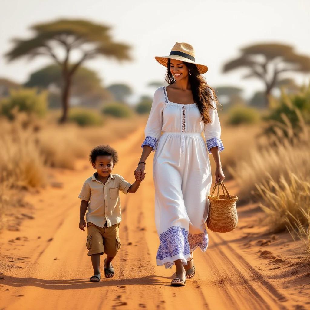 Mother walking with child on a dirt path. They stroll through an African landscape filled with trees and grass. Bright sunlight shines down on them. They enjoy a warm day together.