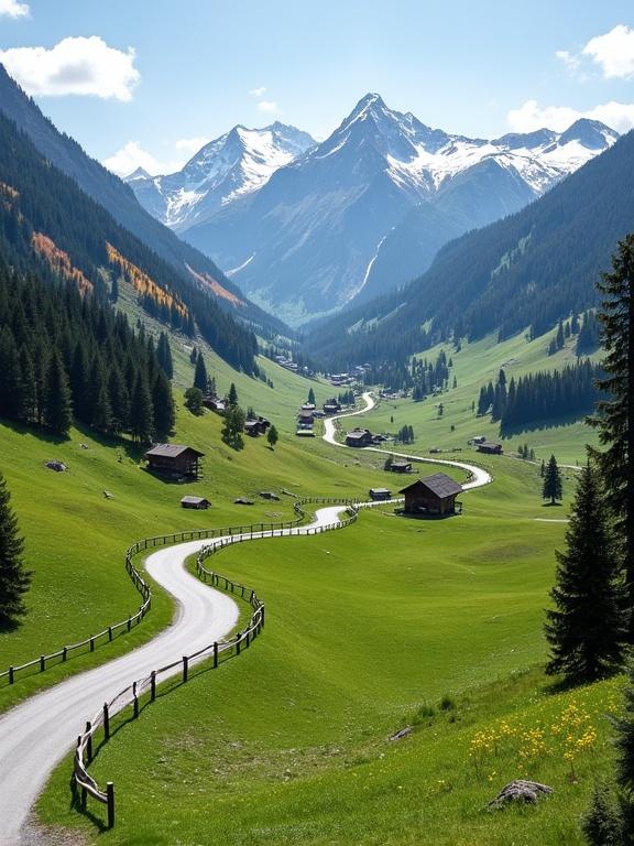 Scenic alpine valley with a winding paved road. Smooth gray road curves gently through lush green meadows with simple wooden fences. Valley dotted with rustic houses having sloped roofs. Dense forests in background displaying fall colors. Snow-capped peaks against clear blue sky.
