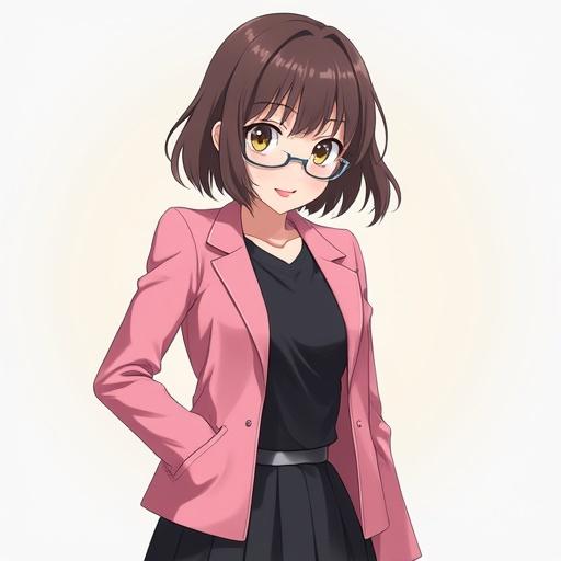 A girl stands confidently with glasses and a smile. She has style with a pink jacket over a black shirt and a black skirt.