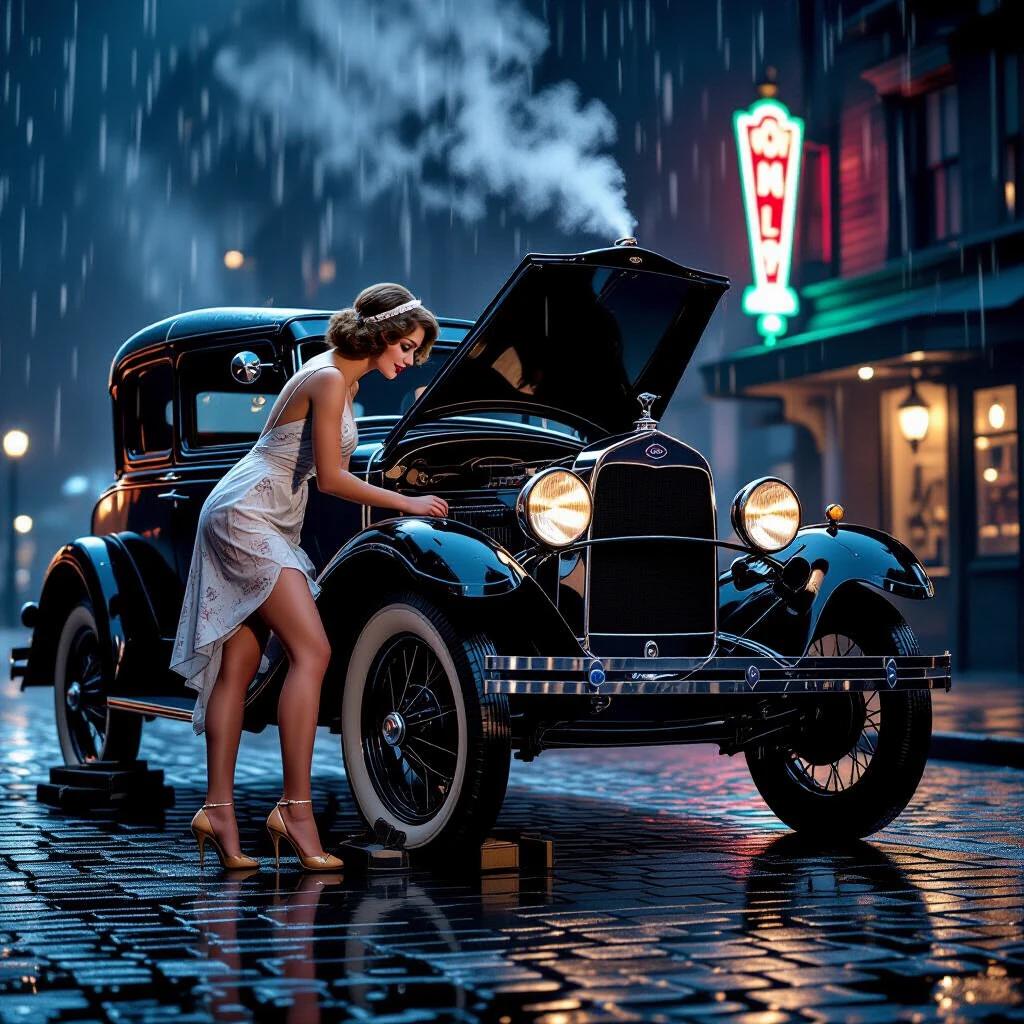 A woman with high-heeled shoes repairs a vintage Ford Model A under a rainy night. Car has hood open and steam comes out. Car is tilted on a jack in a cobblestone street. Rain creates reflections. Street has lanterns and a foggy backdrop with neon lights. Authentic 1920s atmosphere with attention to detail.