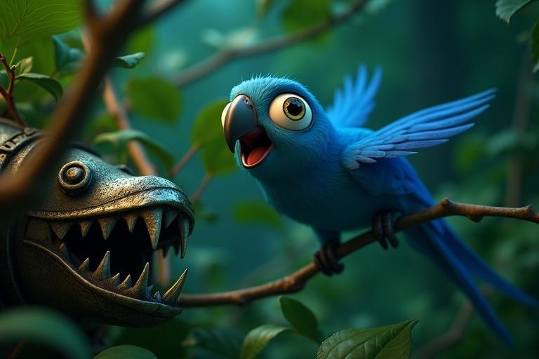 Close-up shot of a blue parrot named Neela. Parrot has big expressive eyes and a cheerful smile. It's hovering near a sinister metal trap. The trap is hidden among Sundarbans foliage. The scene features vibrant greens and silvers. The lighting is soft and ambient. The trap has sharp teeth concealed by vines.