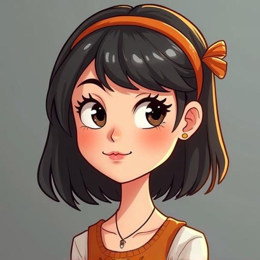 Create a cartoon profile photo of a young girl. The girl has short black hair with orange highlights and a stylish bow. She has big expressive eyes and light blush on her cheeks. The background should be simple and soft to emphasize the character.