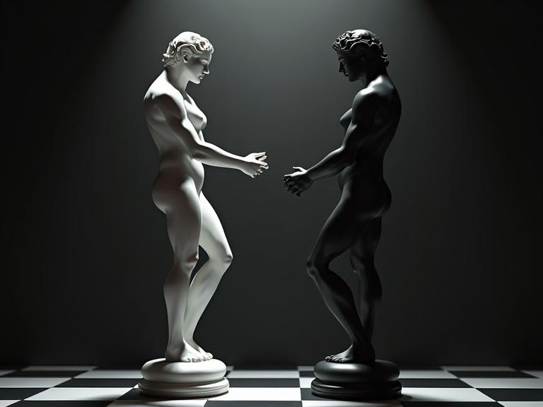 Two chess figures depicted as erotic male and female statues in a dramatic battle. Dramatic chiaroscuro lighting enhances the conflict between black and white. The image features high detail showing the artistry of the sculptures.