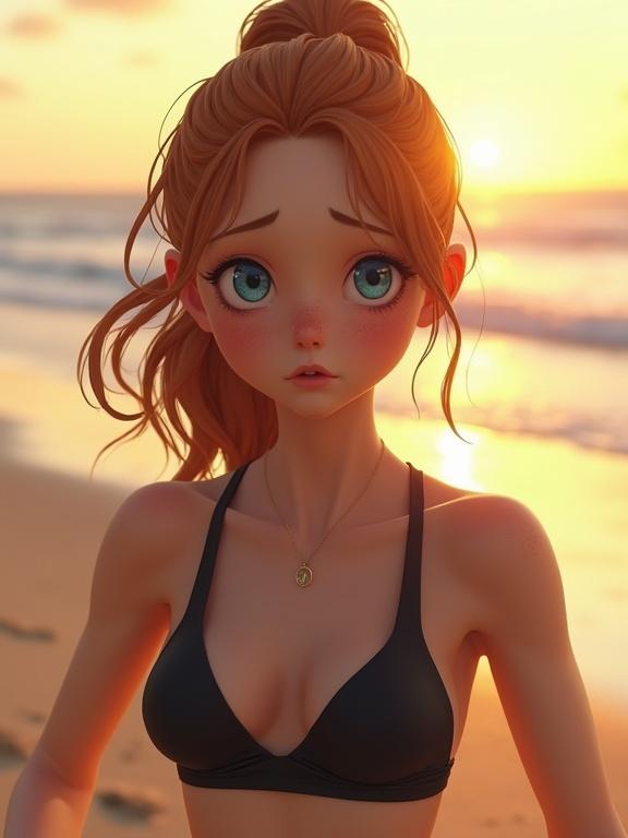 Photorealistic image of a cute teen girl jogging on the beach at sunset. She has a ponytail, freckles, and wears a black bikini. Her expression is tired but cute. Background shows ocean waves and a vibrant sunset.