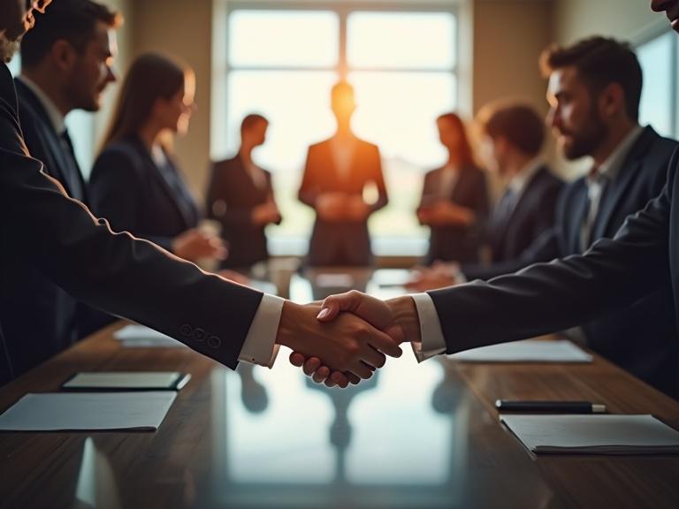 Aerial view of a handshake over a large polished conference table. Background features diverse professionals in formal attire. Warm and cool color tones create dynamic balance. Light and shadow interplay adds depth, highlighting business collaboration.