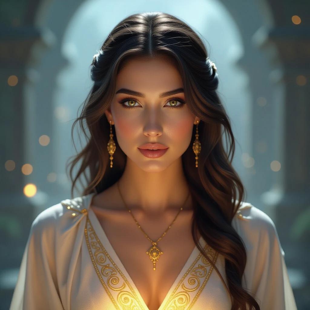 A beautiful woman wears a glowing robe. She has luminous skin and elegant features. Hair flows like silk. Eyes show cosmic wisdom. Background is filled with divine light. The scene conveys serenity and mystery.