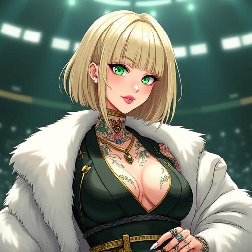 An anime character with emerald green eyes and elegant light blonde hair. Wearing a modern ninja kimono and white mink coat. Fitted popstar hat adds to the style. Muscular build showcases 6 pack abs. Inside a futuristic martial arts ring. The background is vibrant and reflects a high-tech environment.