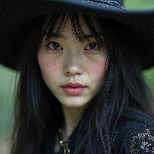 Closeup photo of a Japanese female witch with a mysterious expression wearing a wide-brimmed hat. Middle-aged with magical aura.