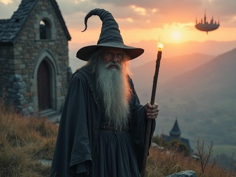 An old gray wizard stands in front of a crumbling church ruin. Mountains rise in the distance. A floating city appears at sunset. Wizard wears a long robe and a tall pointed hat.