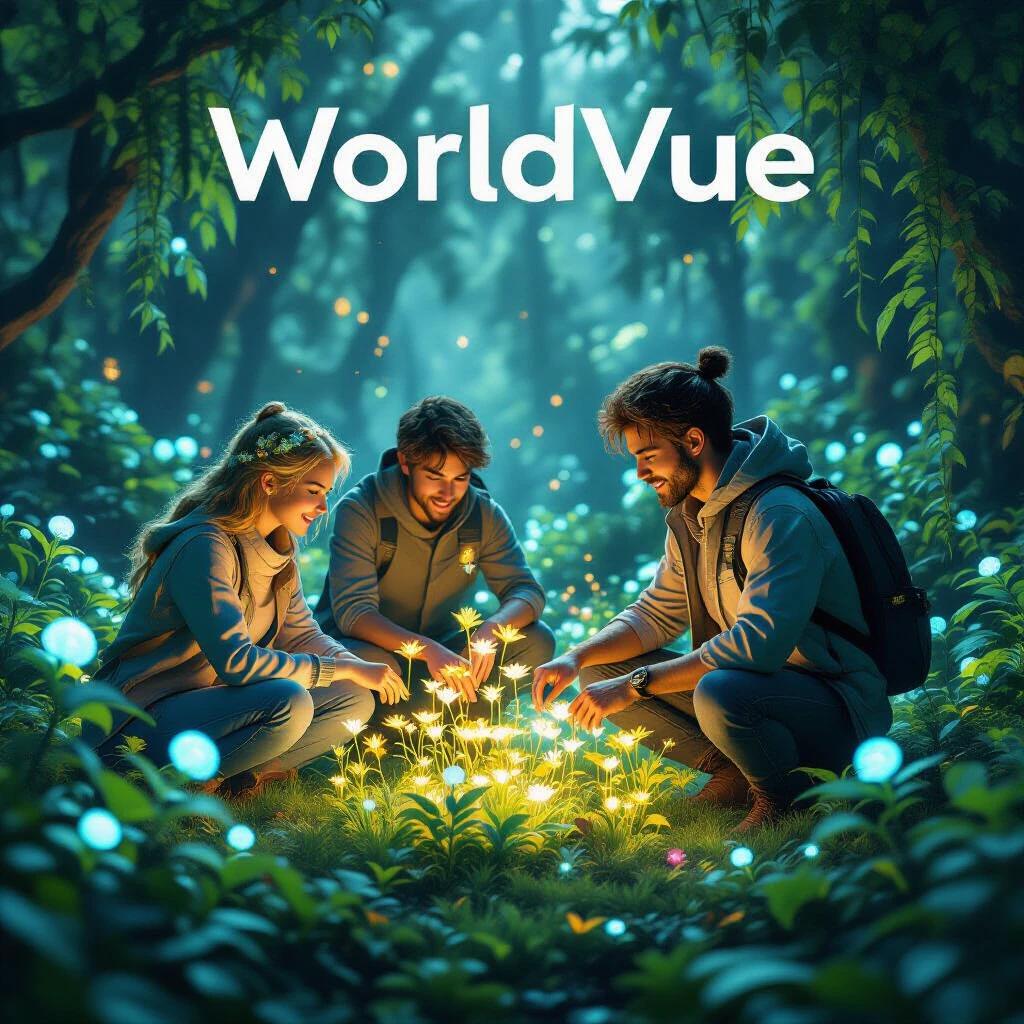 Vibrant concept art of WorldVue as a glowing global garden. Characters in a lush setting interact with illuminated flora. Soft otherworldly light enhances the scene with wonder. Focus on intricate glowing plants and gentle light flow. Macro perspective highlights details in 8K fantasy style. Art trends on ArtStation.