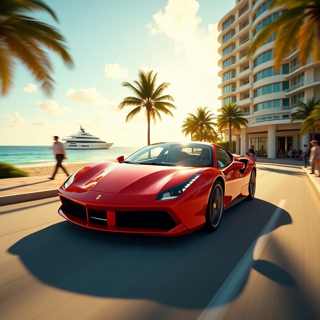 Generate a photorealistic image of a high-end sports car driving through a coastal area in Miami. The scene should reflect luxury, speed, and a vibrant city atmosphere during golden hour. Capture the car in motion with a beautiful coastal landscape in the background, emphasizing warm, dramatic lighting and an upscale ambiance.