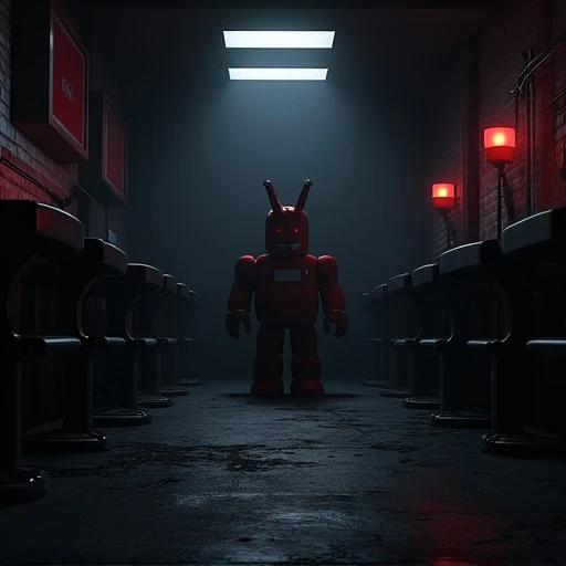 A dark room designed in Roblox. A red character stands in the center. Surrounding are empty bar stools against a dimly lit background. The ambiance is eerie and foreboding.