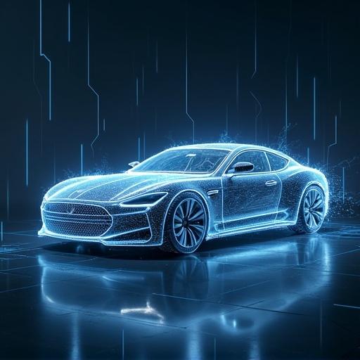 Image of a futuristic electric car showcased holographically with digital effects emphasizing electric components without background.