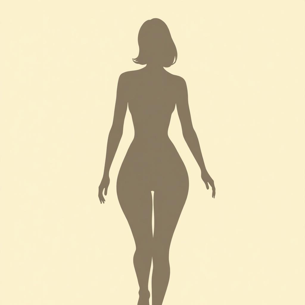 Image features stylized female character. Character has a narrow waist. Wide hips taper quickly. Background is soft beige. Silhouette is highlighted for dramatic effect.