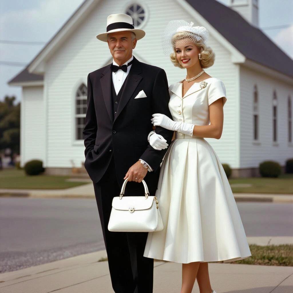 Image of a couple in classic 1950s fashion. Woman has platinum blonde hair and is dressed elegantly. She holds a white purse and wears pearl jewelry. Man is in a tuxedo, standing proudly beside her. They are in front of a small town church.