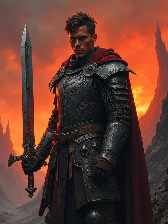 Majestic soldier stands resolute in dark fantasy attire. He has bronze skin and intense emerald eyes. Tousled brown hair frames a strong jaw. He grips a rune-etched greatsword, reflecting crimson light. Intricate leather armor has tarnished silver. Dark brown, rugged boots are stained from battles. His face shows weariness and rage. The background is a volcanic landscape with jagged black rocks. High-fantasy style, somber yet heroic mood. Low-angle shot enhances his imposing stature.