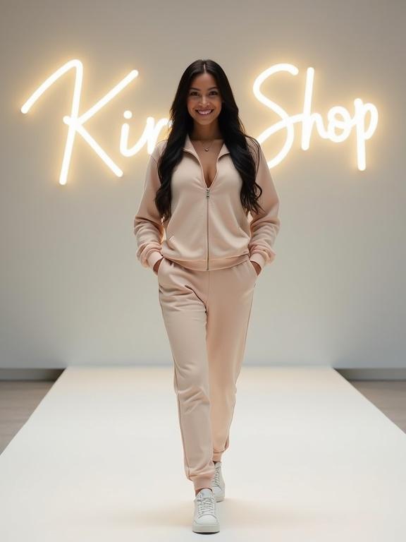 Young woman with long black hair smiles at the camera. She walks along a white podium wearing a light beige tracksuit. Loose V-neck sweater and tight trousers. White sneakers. Background has lit sign 'Kira Shop'.
