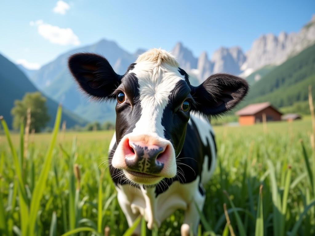 A funny peeking cow is prominently displayed in the foreground. The cow has black and white patches, with big expressive eyes and a playful expression. It is peeking curiously from behind tall green grass, showcasing its humorous personality. In the background, there are beautiful mountains under a clear blue sky, adding to the idyllic rural scenery. The scene captures a lighthearted moment, making the viewer smile at the charming cow.